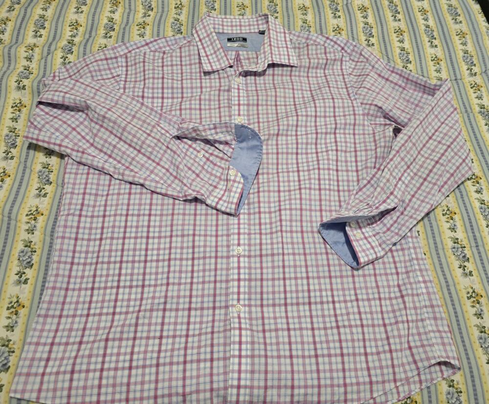 IZOD Pink Blue Plaid Button Shirt Long Sleeve Stretch Slim Fit 17.5 34/35